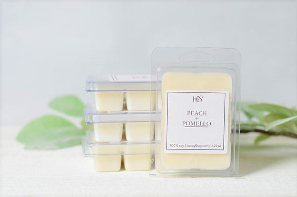 hand poured soy scented candle fruity peach pomelo tangerine citrus wax melt
