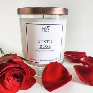 hand poured soy scented candle rose petal sandalwood floral woodsy sexy soft wax melt