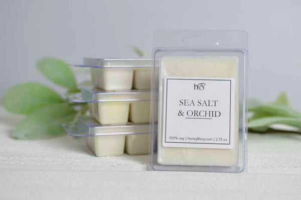 hand poured soy scented candle soft sea salt floral orchid beachy beach jasmine wax melt